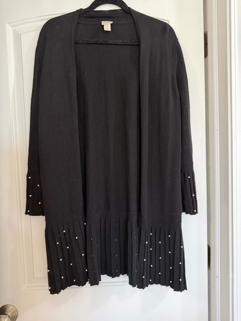 Chico's Black Open-Front Knit Cardigan with mini Pleated Hem & mini pearl accent